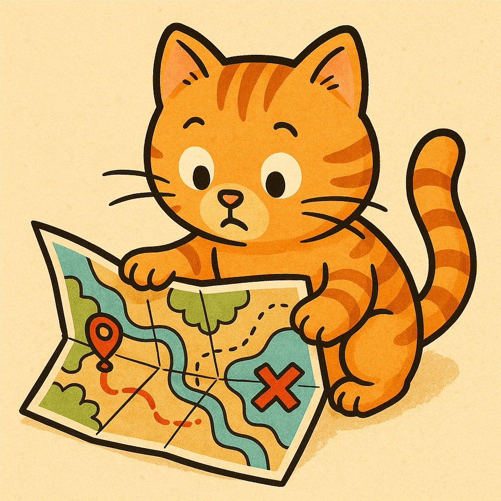 A cartoon cat curiously examines a colorful map, pondering its next adventure.