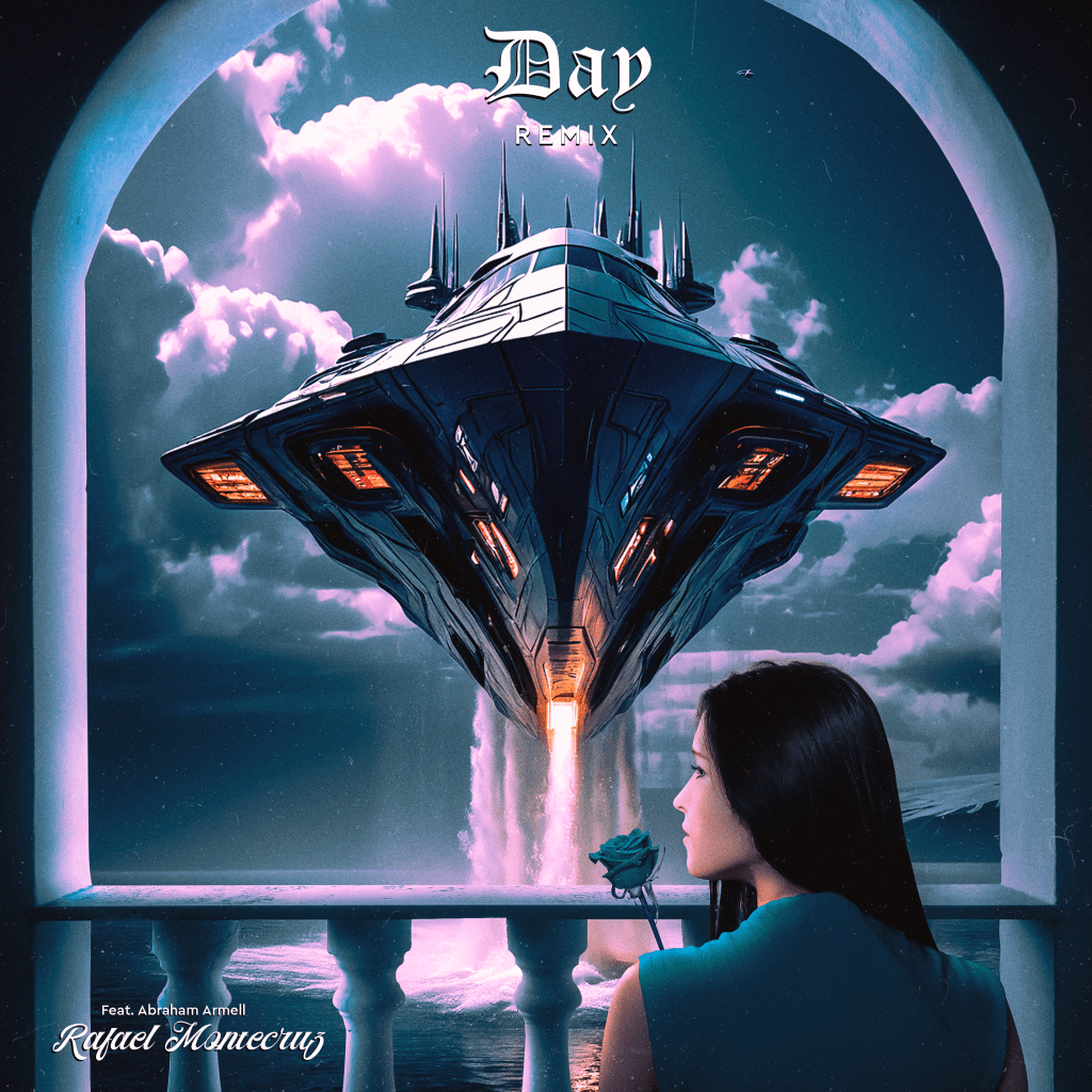 A futuristic spaceship hovers above a balcony at night, while a woman holding a rose looks up at it. The scene is illuminated by a blue glow, with text overlay at the top and bottom.