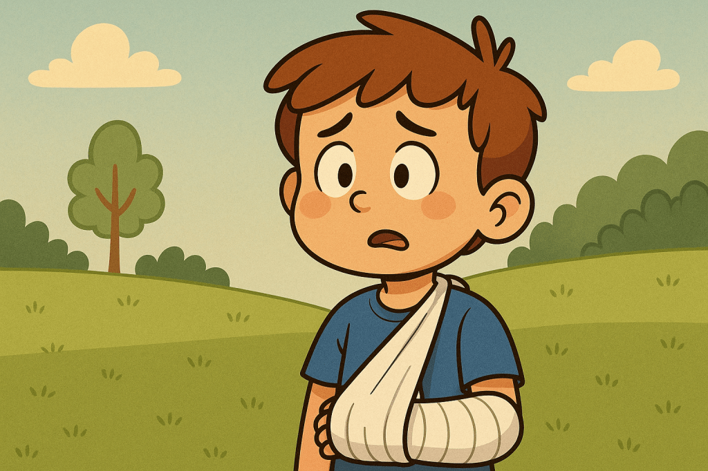 Cartoon boy with a broken arm, wearing a bandage and a concerned expression, standing in a playful pose.