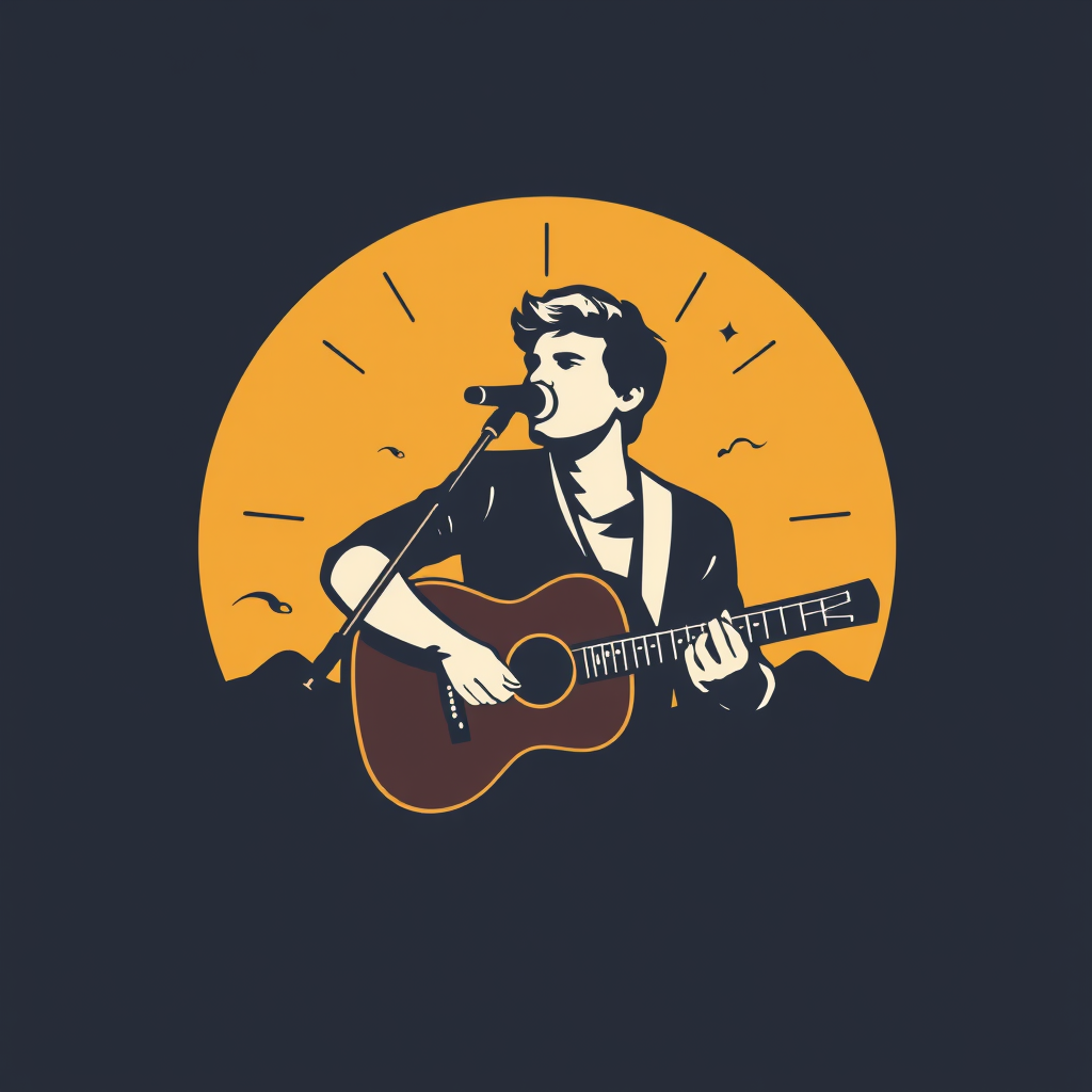 A man playing guitar with a bright sun setting in the background, creating a warm and vibrant atmosphere.