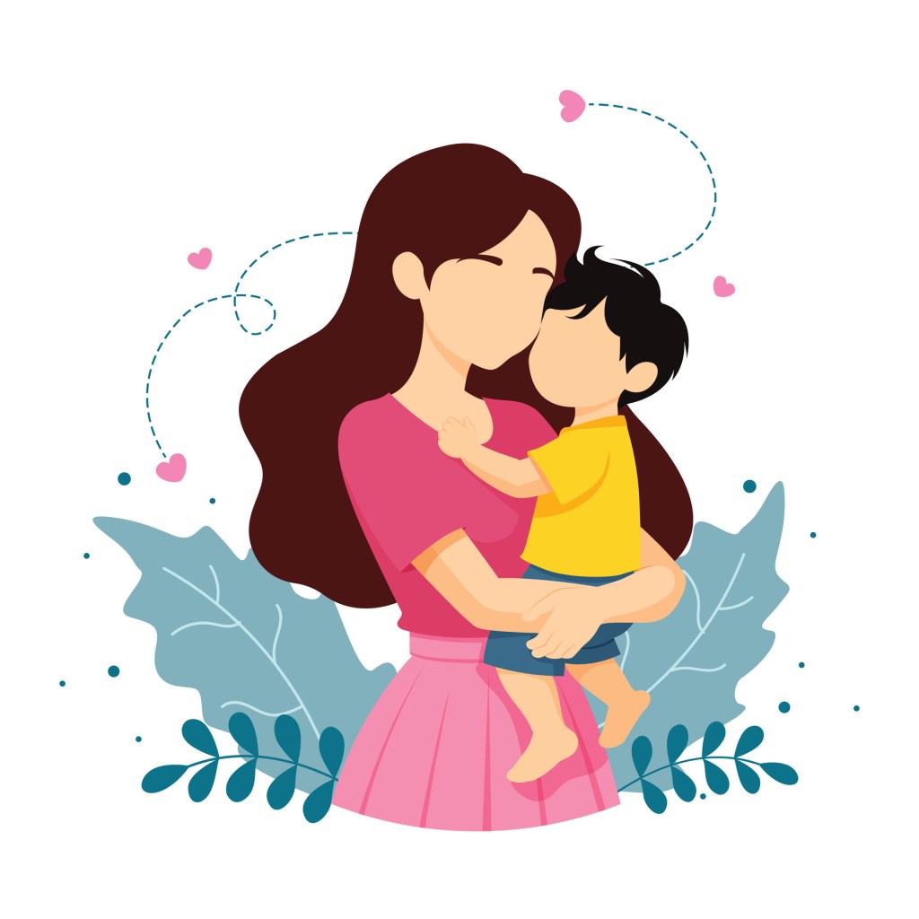 Vector illustration of a mother and child embracing, conveying warmth and affection in a colorful design.