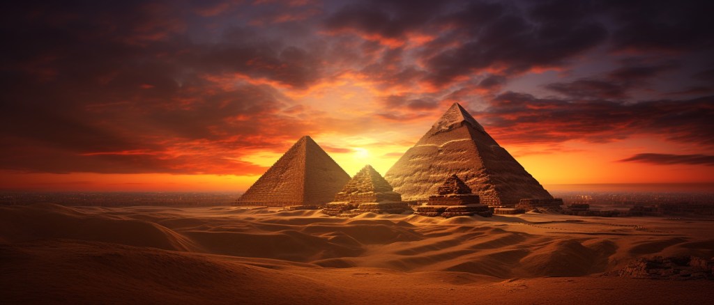 Pyramids of Giza silhouetted against a vibrant sunset sky, casting long shadows on the desert sand.